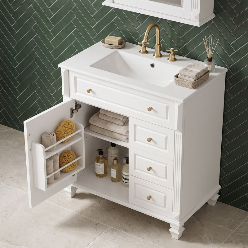 Armoire de meuble-lavabo 30 po avec lavabo en céramique, 3 tiroirs de rangement, tablette réglable et supports de porte