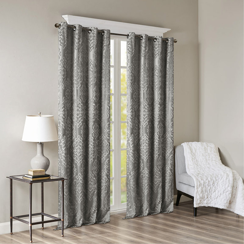 Knitted Jacquard Damask Total Blackout Grommet Top Curtain Panel(Only 1 Pc Panel), Charcoal, 50" W x 84" L