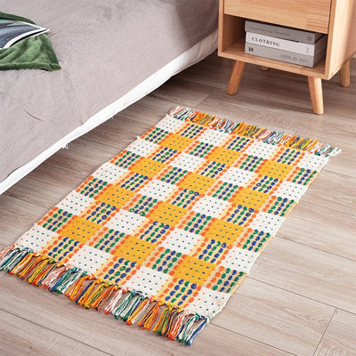 Yellow Cotton Blend Woven Plaid Hand Knotted Tassel Boho Small Area Rug 24" W X 35" L