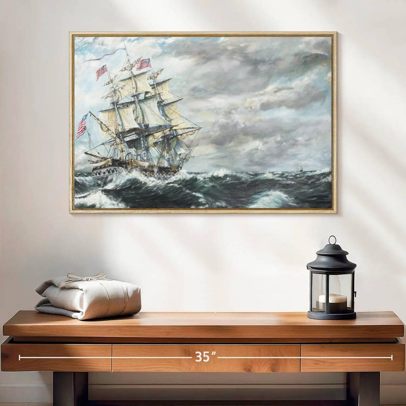 Tête de frégate USS Constitution pour frégate, 25 po x 17 po, Cadre flottant en bois naturel