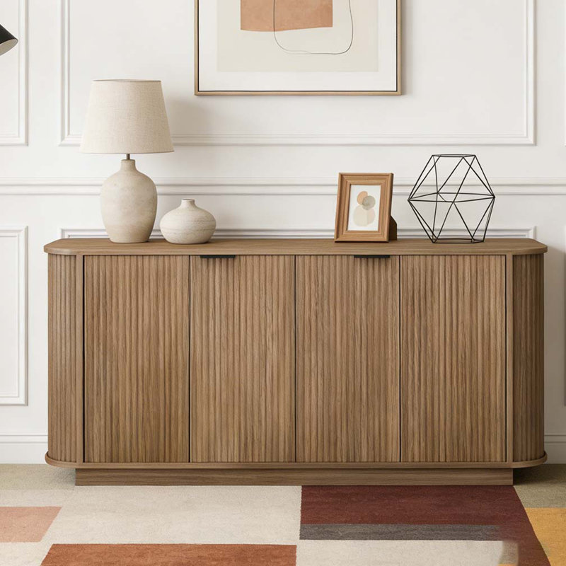 63"Wavy Storage Sideboard, Double-Door Buffet Cabinet with Adjustable Shelves, Brown