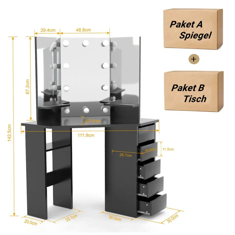 Adest Tri-Fold Mirror Dressing Table with 5 Drawers and 3 Lighting Modes, Black