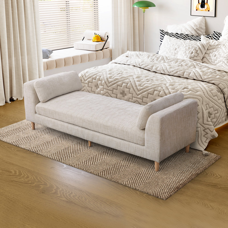 Banc rembourré de 83,1 po avec coussins et pieds en bois massif, Beige