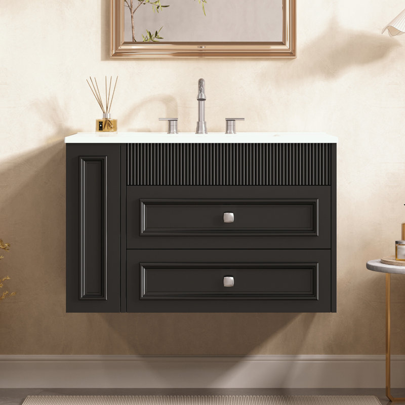 Meuble-lavabo mural avec lavabo et 2 tiroirs, Noir