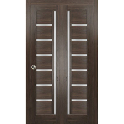 Portes coulissantes pliantes pour placard 42 x 96 Quadro 4088 Frêne Chocolat avec verre dépoli, rails robustes, moulures, garnitures, quincaillerie, portes de placard en bois massif pour chambre à coucher