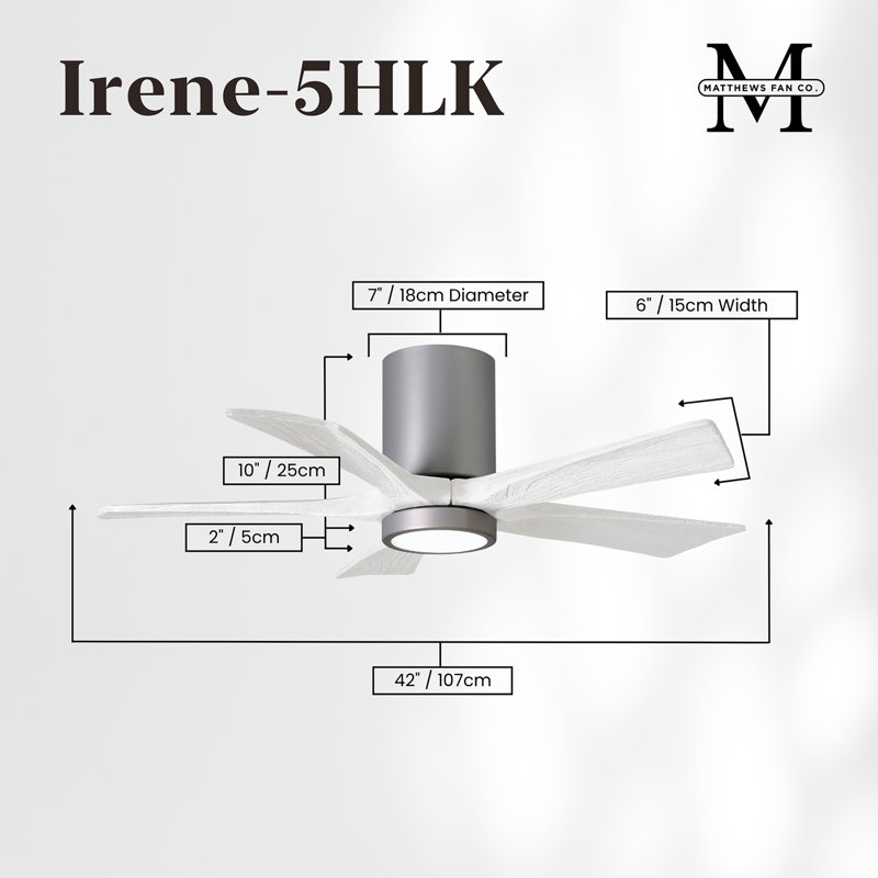 Irene Flushmount Light Kit 5 Blade LED Ceiling Fan, Brushed Nickel, 42", Matte White