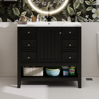 Meuble-lavabo 36 po avec lavabo, une armoire et trois tiroirs, panneau de bois massif et panneau de fibres à densité moyenne, noir