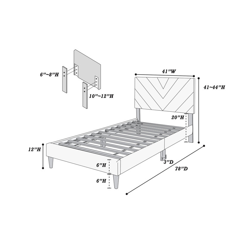 Modern Twin Bed - Gray Velvet, Adjustable Headboard, 12 Stable Support, No Box Spring, Bedroom Velvet Size , Strong Decor