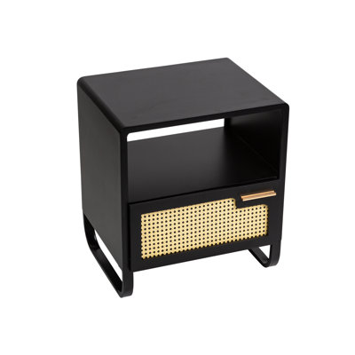Support de table de bout avec couvercle en rotin et cadre noir