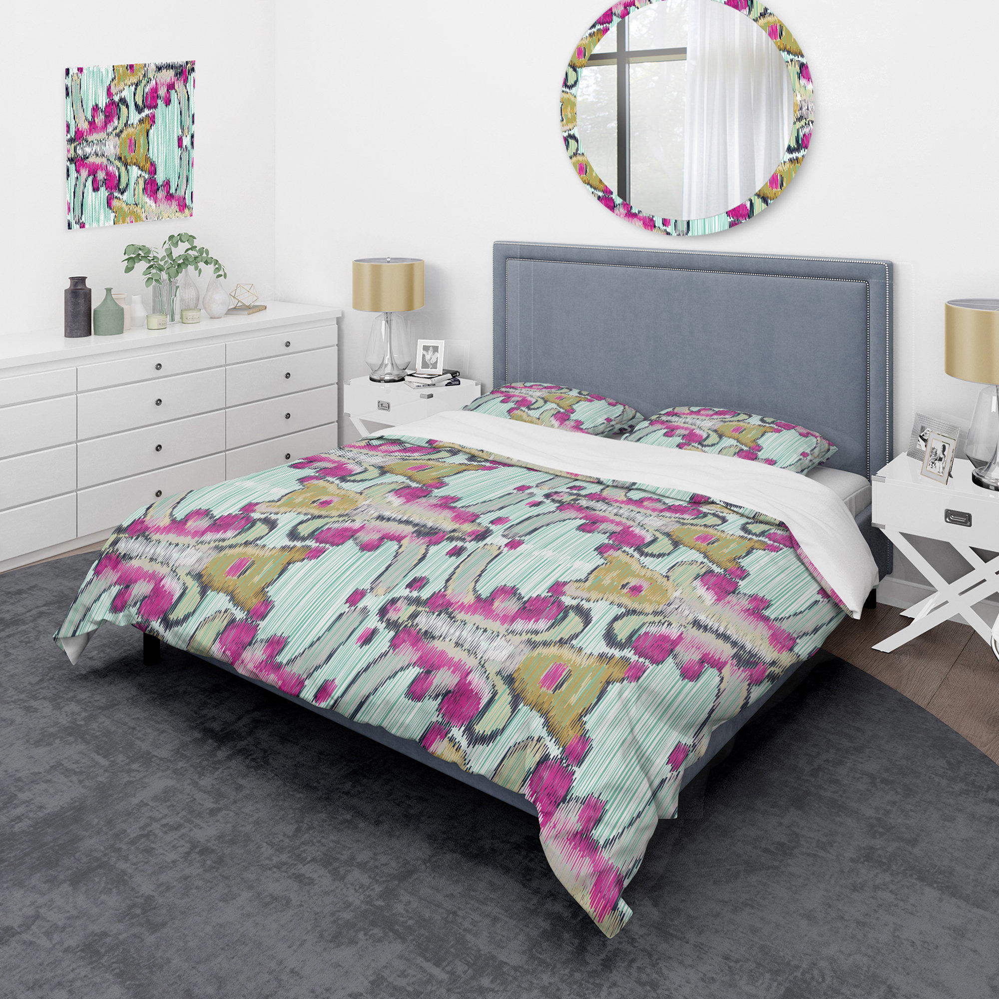 Design Art Purple And Green Flower Ikat - Patterned Duvet Cover Set ...