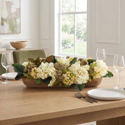 Fall Centerpiece with Hydrangeas and Magnolia Leaves