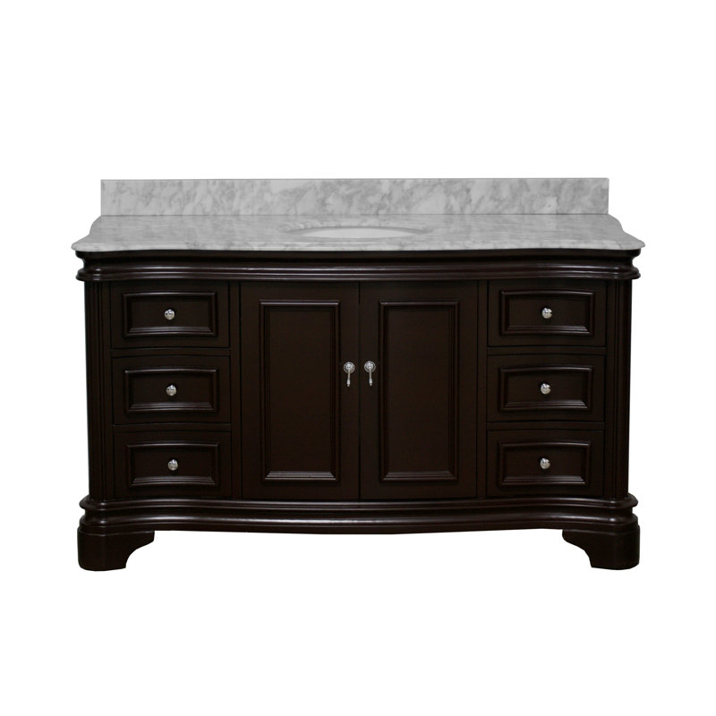 Ensemble de meuble-lavabo simple 60 po avec meuble chocolat et comptoir en marbre de Carrare Twain, Marbre de Carrare