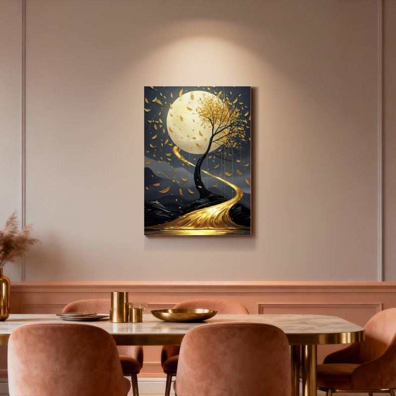 Ensemble de 1 tableau sur toile tendue « Lune dorée et arbre », H 40 po x l 28 po