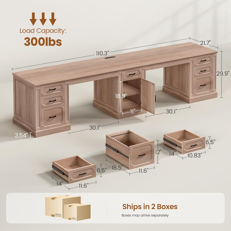 Farmhouse 110.3" Two Person Desk With 7 Drawers, Natural Oak