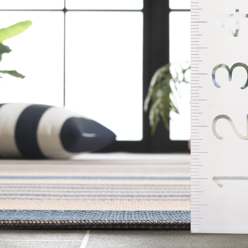 Beige and Blue Striped Synthetic Indoor/Outdoor Rug, 5'3" x 7'6"