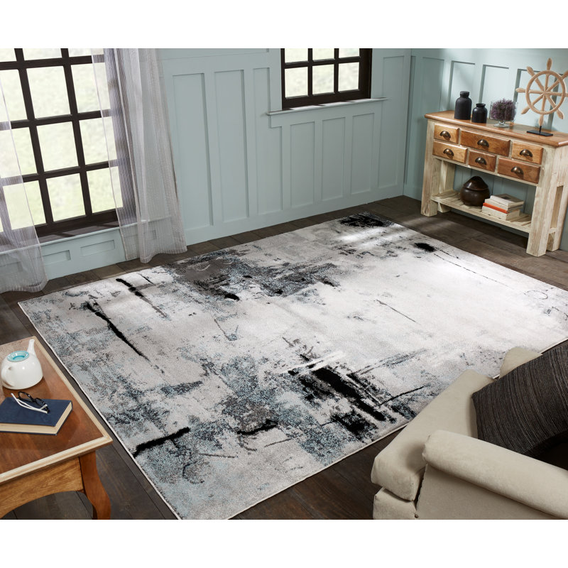 Stotfold Abstract Area Rug in White/Granite, Rectangle 5'3" x 7'6"