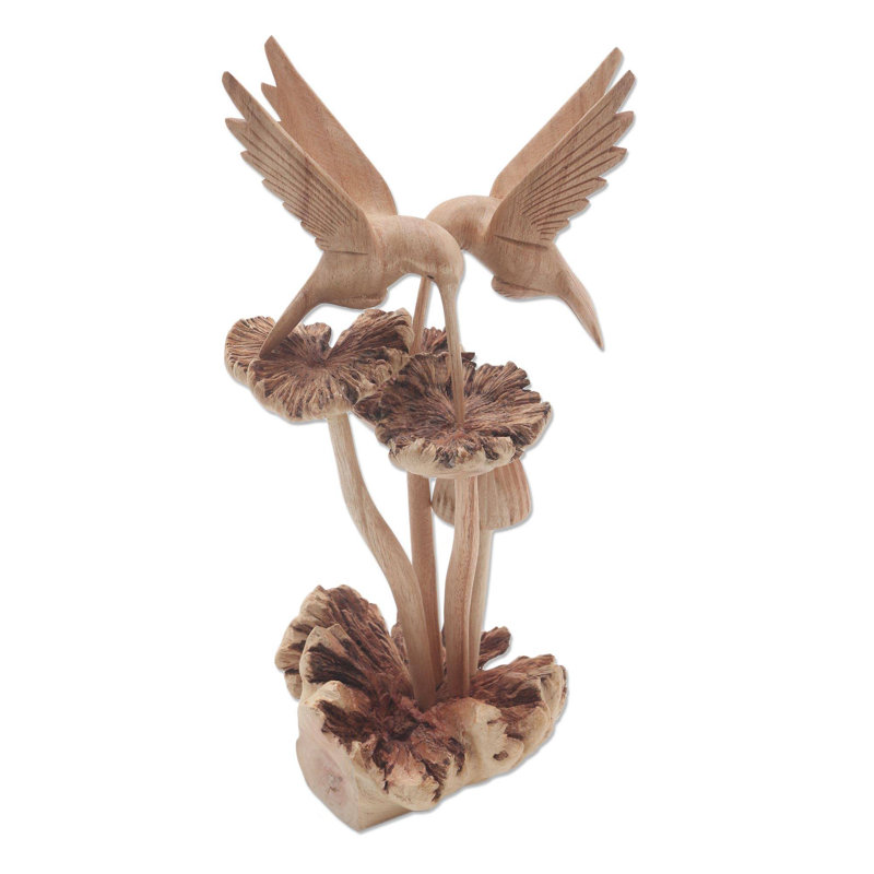 Sculpture colibris et champignons et bois