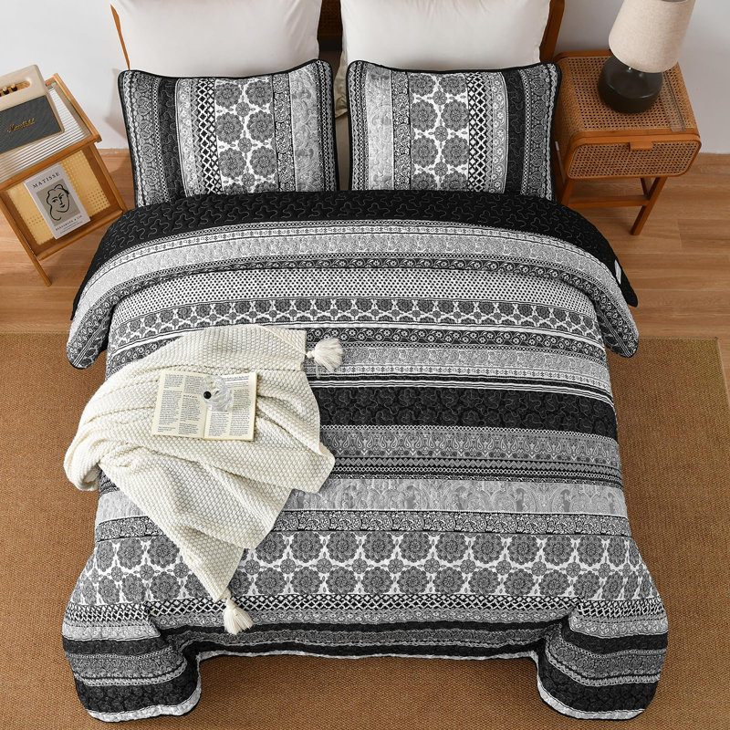 Ensemble de courtepointe 3 pièces Boho, Noir/gris, Courtepointe pour lit grand + deux taies décorati