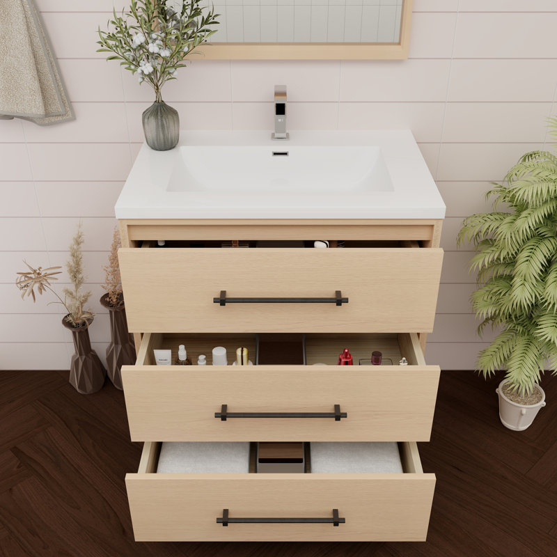 Meuble-lavabo simple 29,5 po avec plateau en acrylique Victoria, Chêne jaune