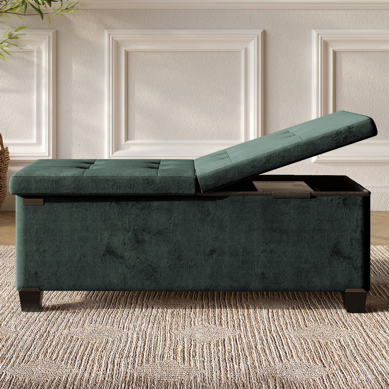 Banc repose-pieds en velours avec rangement amovible Nestl, H 15 po x l 43 po x P 15 po, Vert