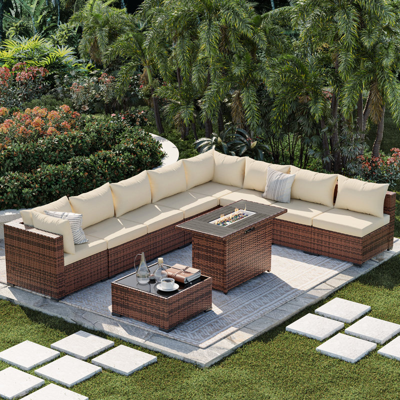 8 - Person Outdoor Wicker Patio Conversation Furniture Set With Fire Pit Table, Beige