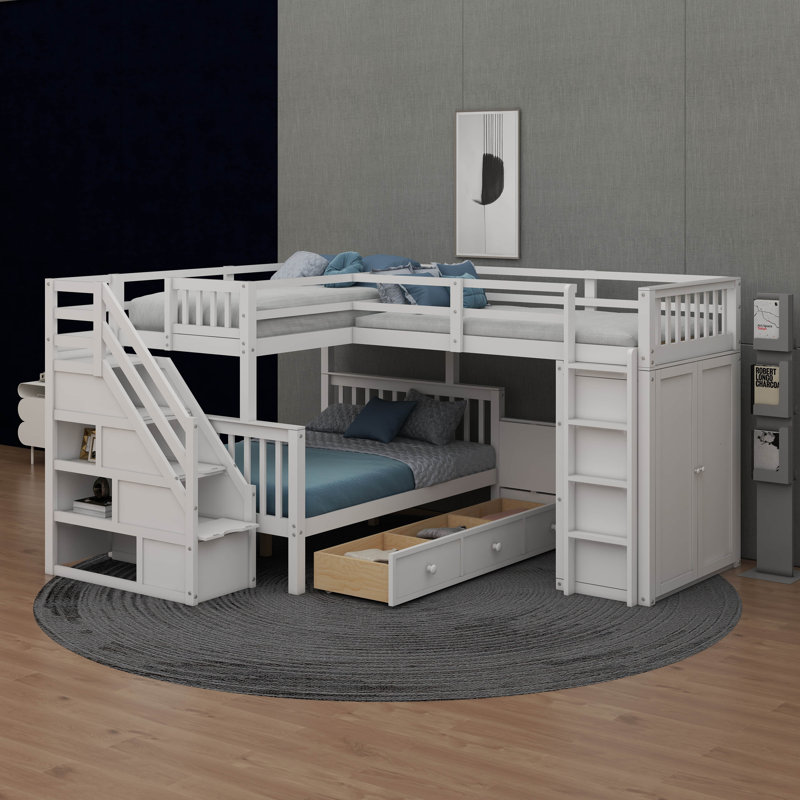 Twin-Twin Over Full L-Shaped Bunk Bed With 3 Drawers, Movable Desk, And Closet, White