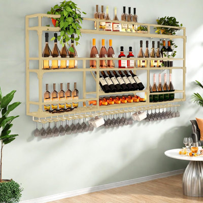 Support à vin mural en métal de 47 pouces avec éclairage à DEL - Support de rangement de vin à 3 niveaux avec support en verre - Présentoir à bouteilles peu encombrant