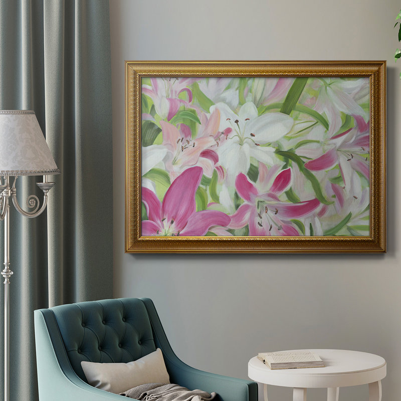 «Pink and White Lilies II», peinture sur toile encadrée, H 24 po x l 36 po