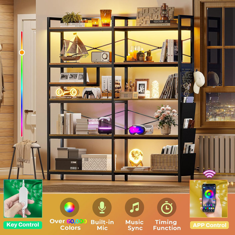 Rustic Brown 5-Tier Convertible Corner Bookshelf with LED Light