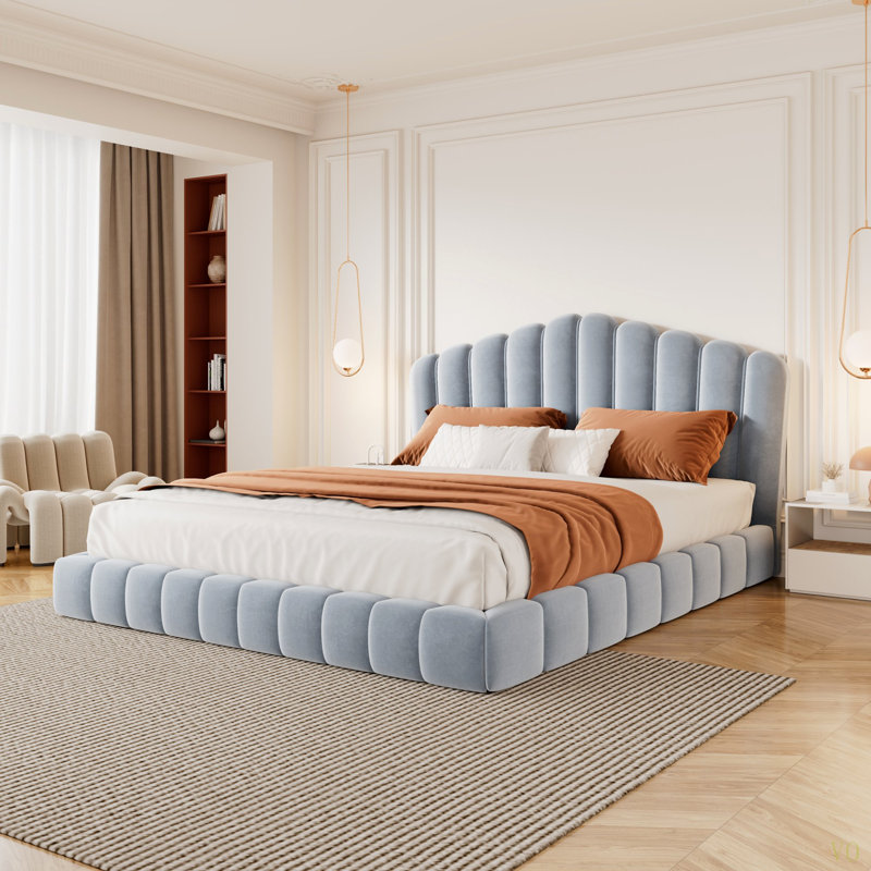 Tête de lit tapissier en velours pour lit double, sans sommier tapissier, Bleu pâle