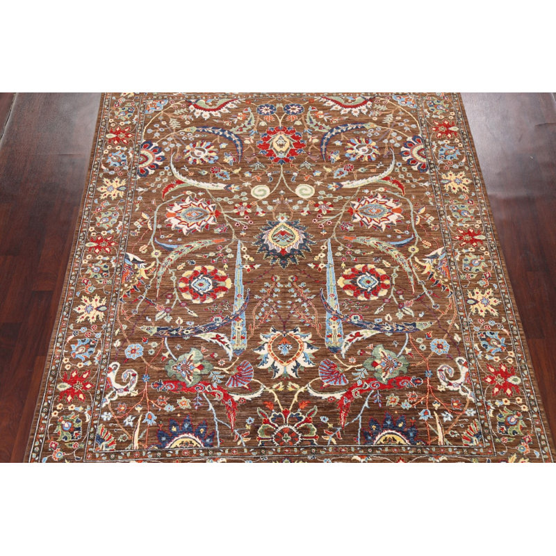 Tapis brun en laine noué à la main de conception unique 8 pi 1 po x 10 pi 0 po Mahckie