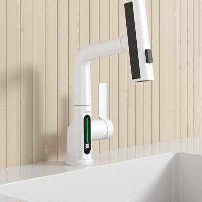 White Pull-Out Lift Basin Faucet With Led Temperature Indicator - 360 Rotatable, 31 Spout Modes, Adjustable Height Bathroom Sink Lift, Rotation, Height, Tap