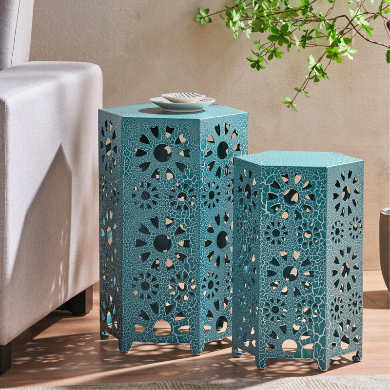 Tables d'appoint - 2, style, fer, bleu sarcelle craquelé, ajoute de la beauté à l'espace extérieur, aucune table d'assemblage requise