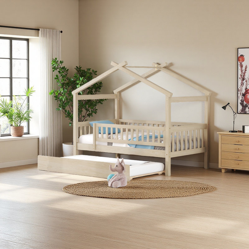 Wooden House Bed With Trundle, Natural, Twin