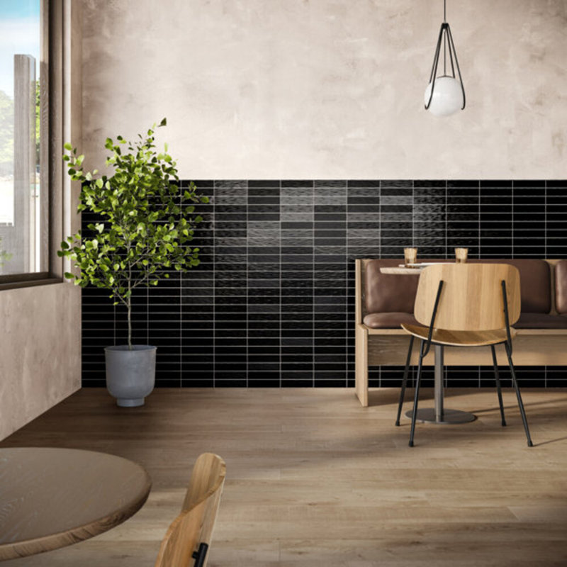 Montauk 2x8 Mixed Finish Ceramic Tile, Jet Black