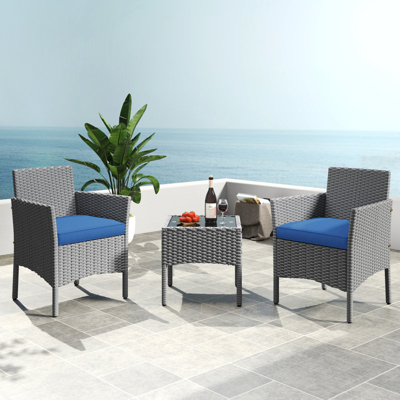  Ensemble de meubles en rotin 3 pièces avec plateau en verre trempé et 2 chaises rembourrées, Gris, Bleu très foncé