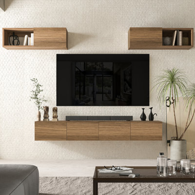 Piece Wall Mounted Entertainment Center In Walnut – Floating Tv Console With Upper Open Shelf Cabinets, Modern Media Storage