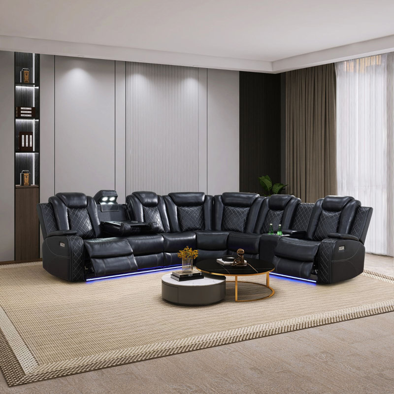 Jessmeet 3-Piece Power Reclining Sectional Set with Wireless Charging, Reading Lights & LED Lighting, Black