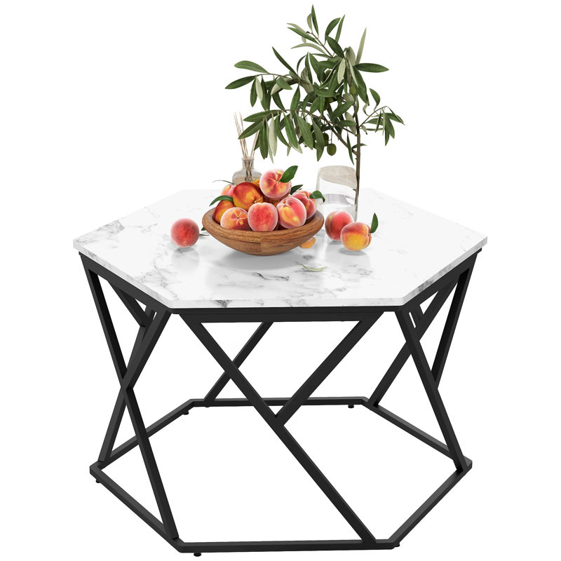 Hexagonal Coffee Table, Cocktail Table, Marble Top With Steel Frame, White