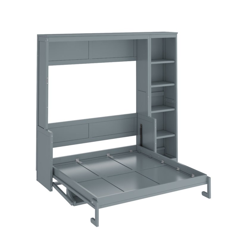 Lit escamotable double pleine grandeur avec bureau et bibliothèque - Lit escamotable double pliable gris compact, gris