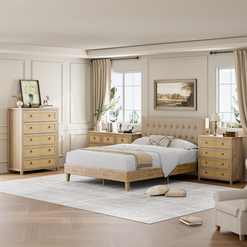 Commode à tiroirs pour chambre à coucher, commode en rotin, commode Boho, commode en bois avec armoire de rangement pour vêtements