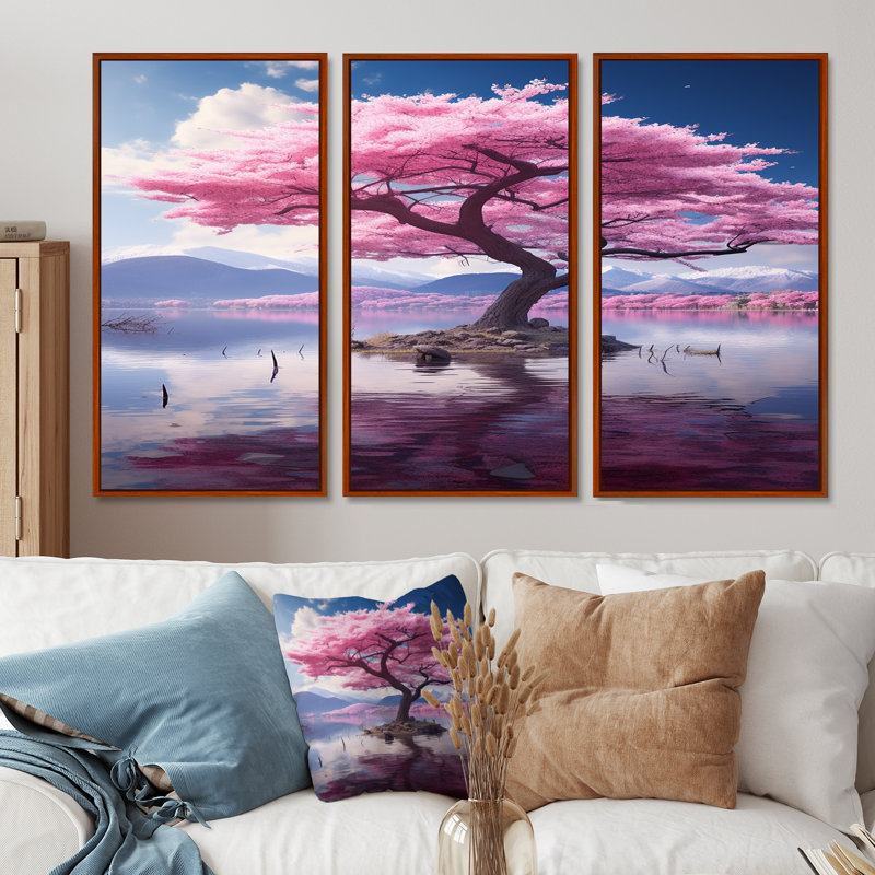 Majestic Cherry Blossom Tree In Mountain Lake - Tree Cherry Blossom Wall Art Set, Brown Floater Framed, 40" H x 60" W x 1" D