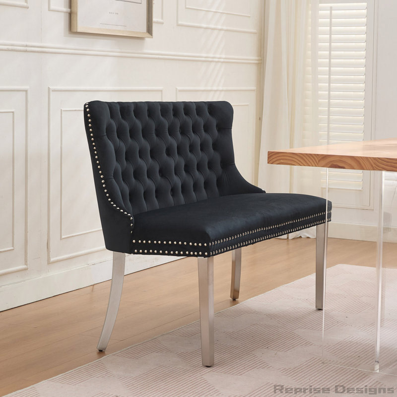 Velvet Double Loveseat Bench, Kitchen & Dining Seating, 2-Seat Tufted Bench with Handmade Buttons, Black, Silver
