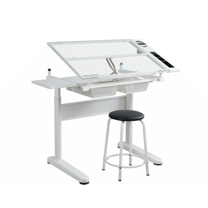 table à dessin à manivelle réglable avec 2 tiroirs en métal et tabouret, Blanc