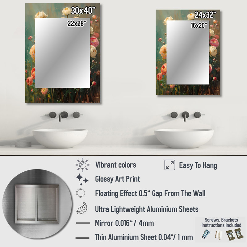 Pink white farm Charm Ranunculus I - Ranunculus Decorative Mirror, Traditional Wall Mirror, Printed Metal Art, 40" x 30"