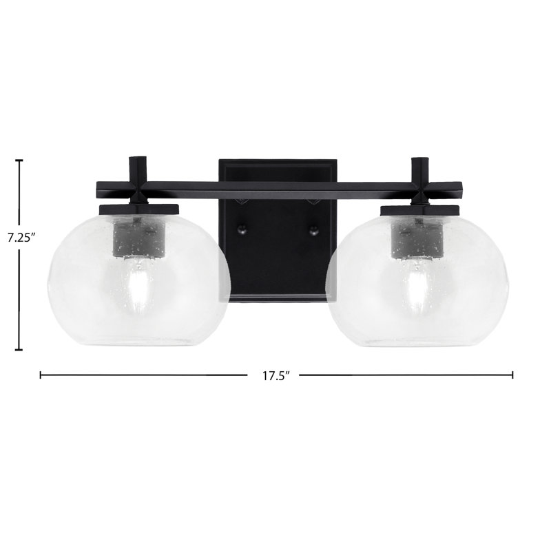 Bar de salle de bain Mariko illustré avec verre à bulles transparent, Noir mat, 2 lumières, H 7,25 po x l 17,5 po x P 7,5 po