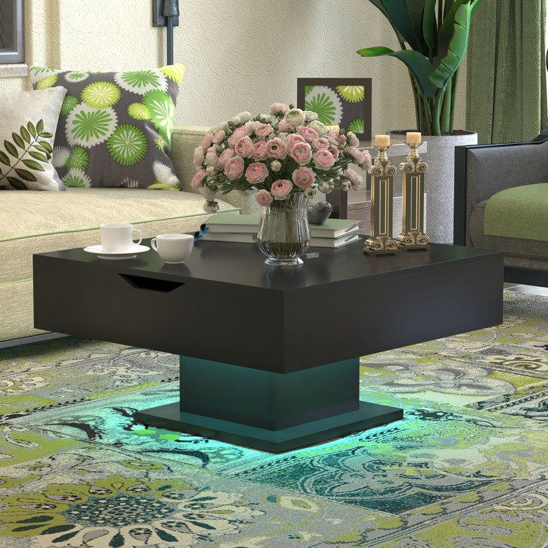 Lift Top Coffee Table with Storage - Wooden Square Design for Living Room, 16 Colors RGB LED Lighting System, Black