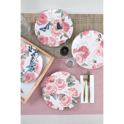Ensemble de 4 assiettes élégantes (4 pièces), 9,8 po | 100% céramique, va au lave-vaisselle et au micro-ondes | Design élégant blanc, rose, vert et noir | Parfait pour les réceptions, les repas et l'utilisation quotidienne