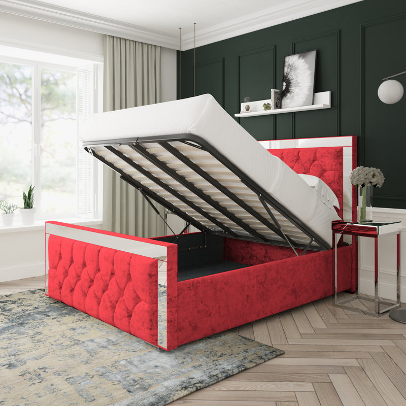 Sage Crushed Velvet Upholstered Ottoman Bed Frame, Red, Single (3')