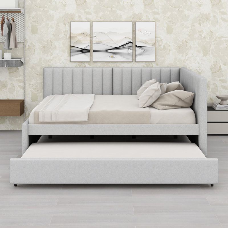 Modern Upholstered Daybed, Includes Trundle, Beige